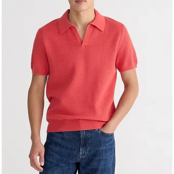 J. Crew Men's Red Short-sleeve cotton mesh-stitch johnny-collar sweater-polo NWT - Picture 1 of 7